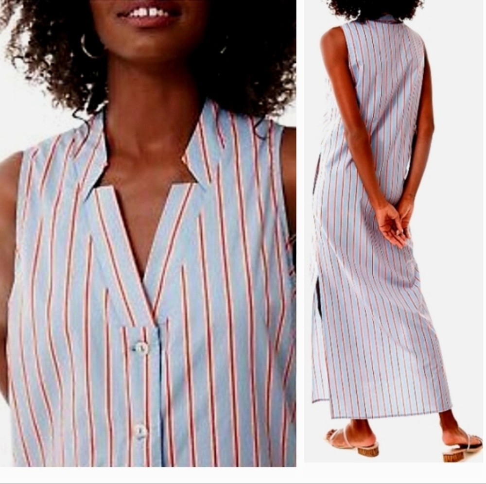 TUCKERKNUCK Pomander Place Lara Stripe V-Neck Midi/Maxi Pocket Shirtdress NWT